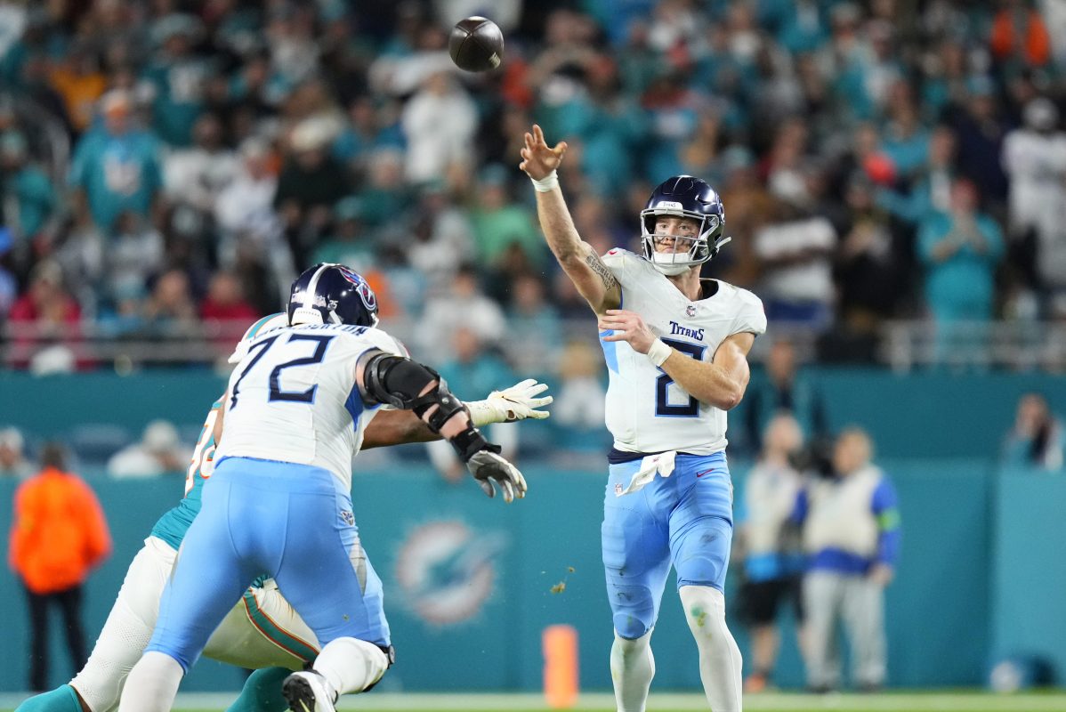 Quarterback Will Levis of the Tennessee Titans throws a pass.