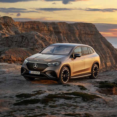 2023 Mercedes-Benz EQE 500 4MATIC SUV sitting on a cliff at sunset. We tested and reviewed the new electric SUV.