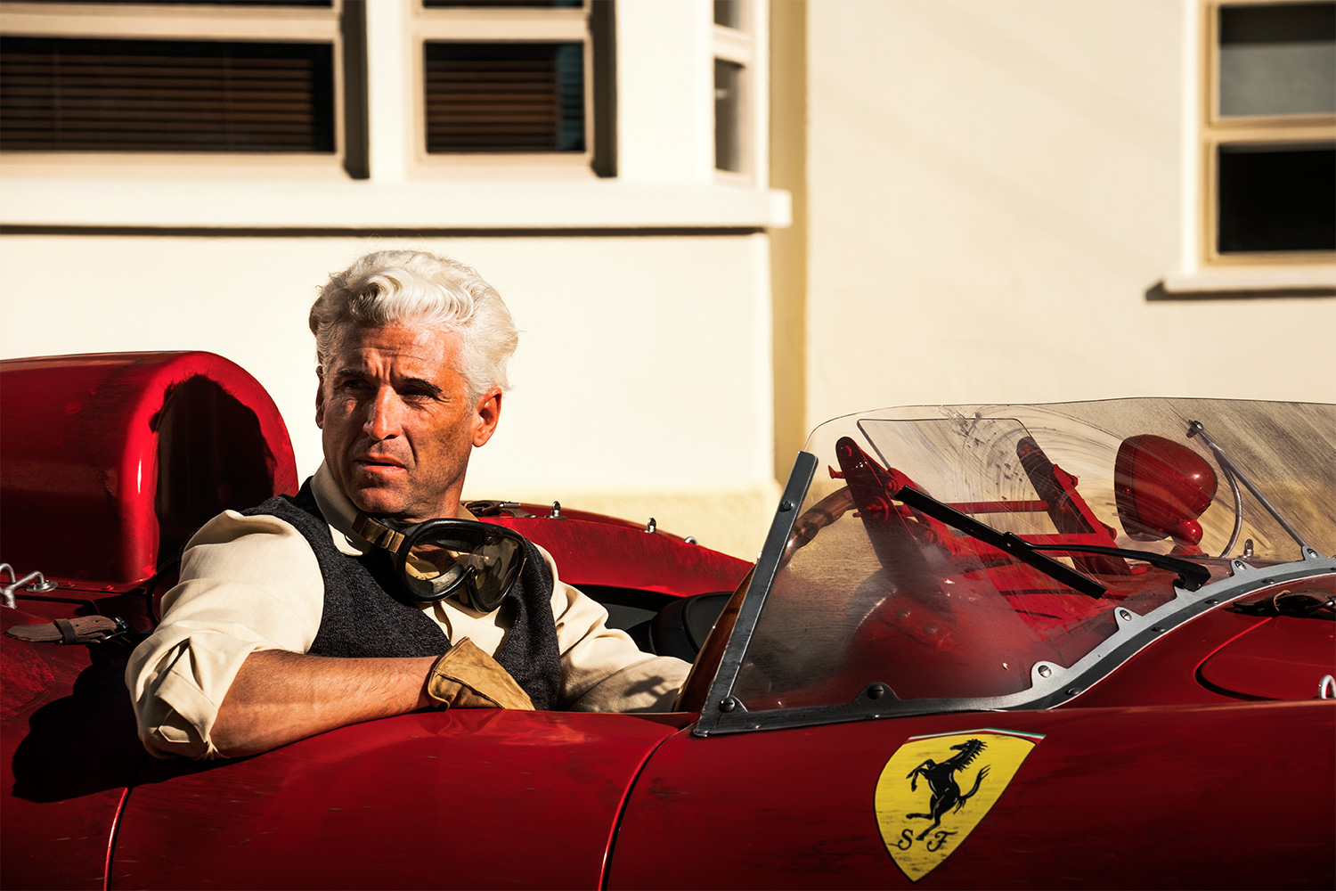 Actor Patrick Dempsey in the Enzo Ferrari biopic movie "Ferrari"