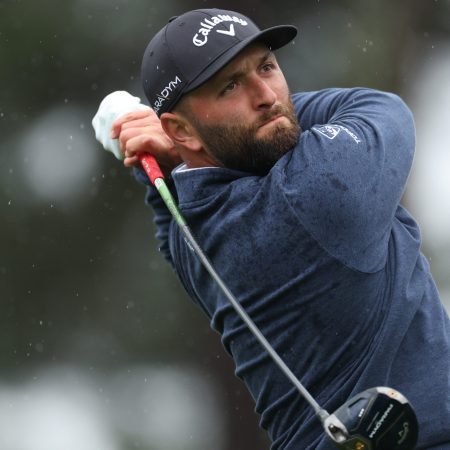 Jon Rahm of Spain plays at the 2023 Masters Tournament.