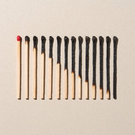 A graphic of matches in a row, each a bit more burnt than the one before it.