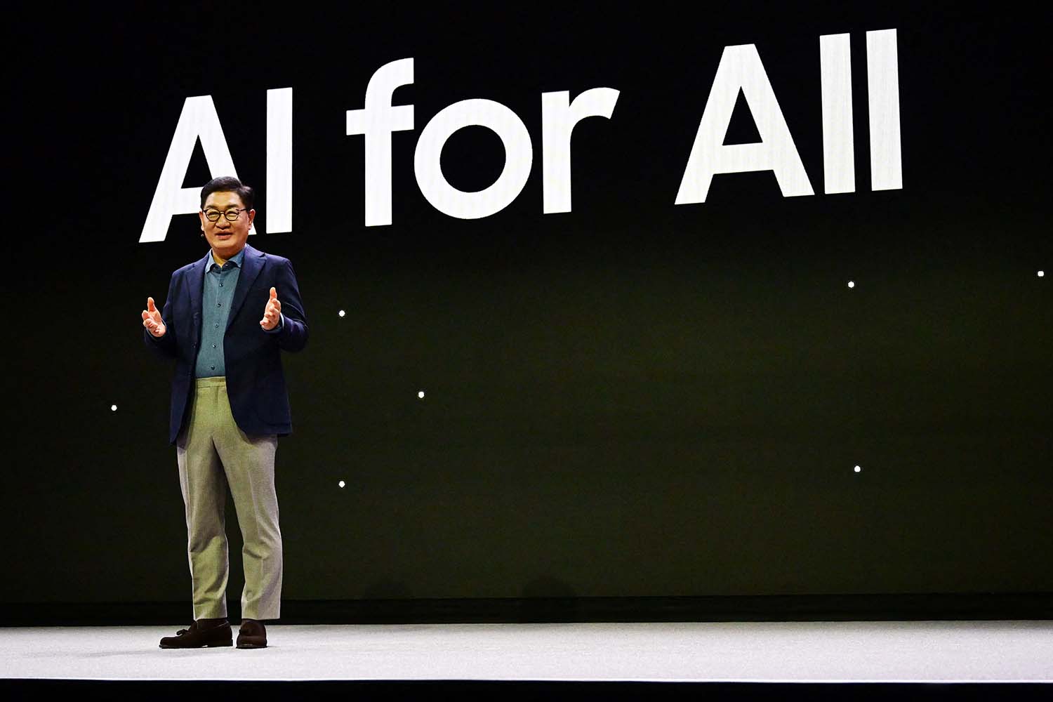 JH Han, CEO of Samsung Electronics speaks at the Samsung press conference on January 8, 2024 at the 2024 Consumer Electronics Show (CES) in Las Vegas, Nevada