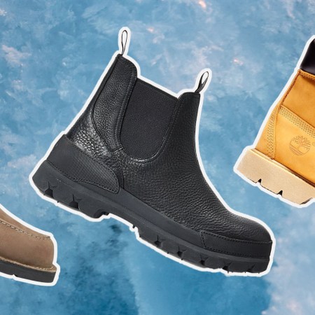 a collage of winter boots on sale on an icy background