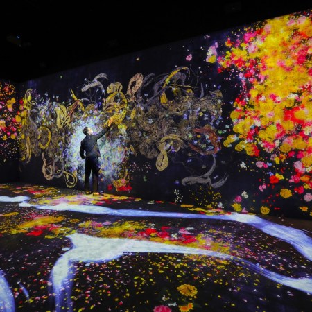 A staff member interacts with the exhibit during a media preview of the exhibition "teamLab: Continuity" at Akiko Yamazaki and Jerry Yang Pavilion of Asian Art Museum in San Francisco