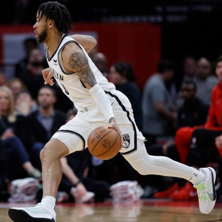 Trendon Watford #9 of the Brooklyn Nets drives with the ball against the Houston Rockets during the first half at Toyota Center