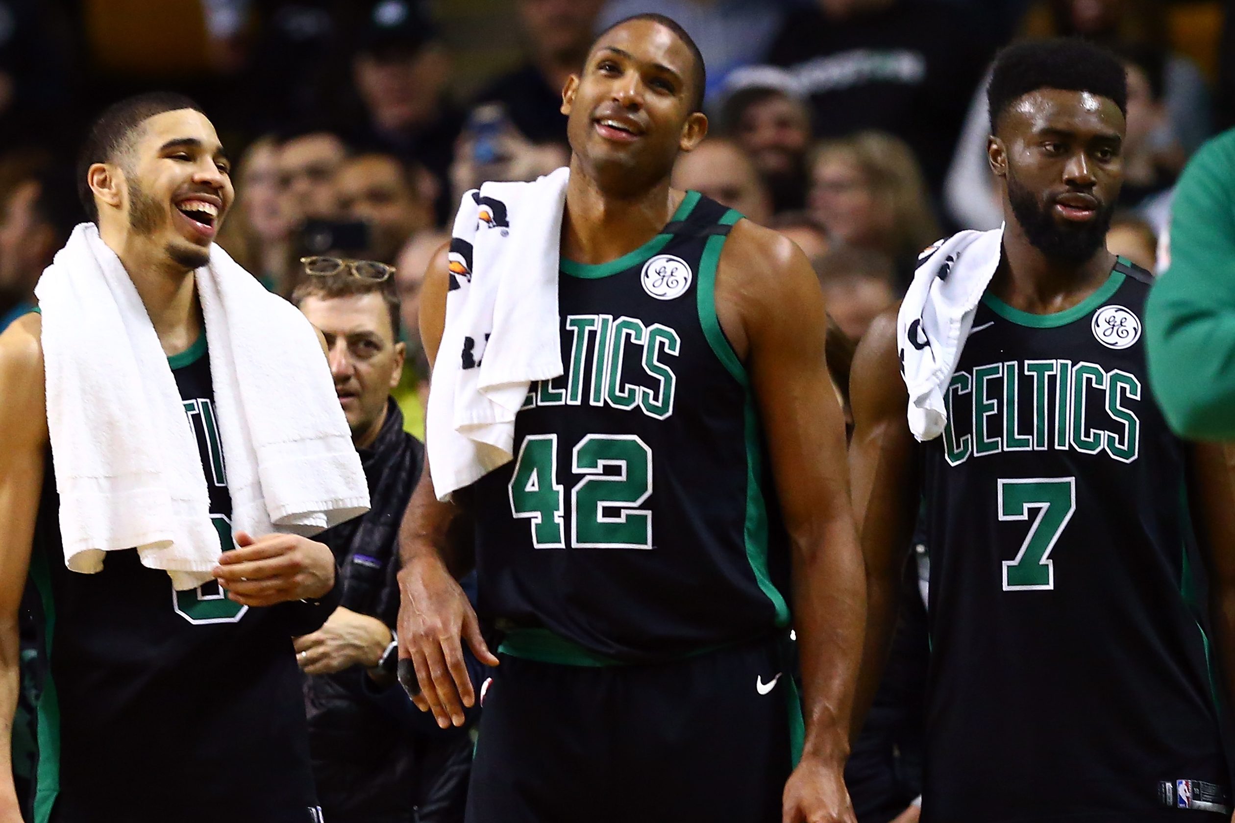 Jayson Tatum, Al Horford and Jaylen Brown of the Boston Celtics.
