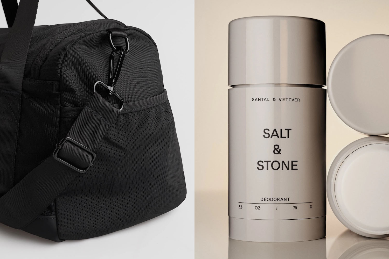 a collage of a black gym bag and a tan deoderant