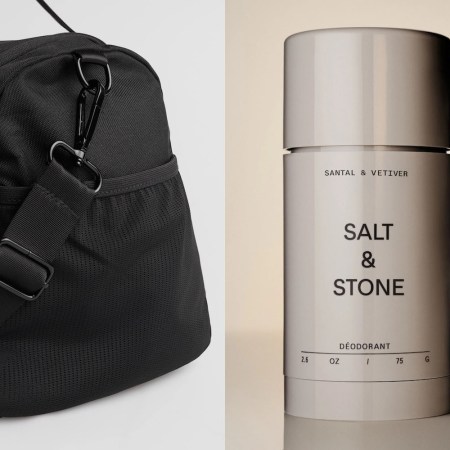 a collage of a black gym bag and a tan deoderant