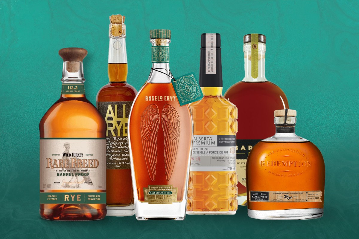 A selection of recommended bottles of high-proof rye whiskey