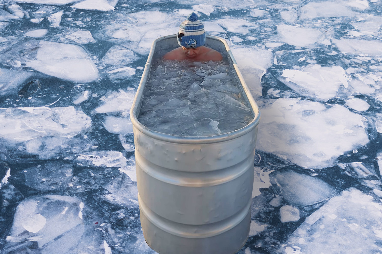 Jordan Ferrone sitting in a freezing ice bath. He's done a cold plunge every day for over 365 days.