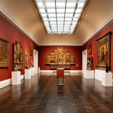 Hallway of a museum painted red with paintings hanging on the walls, podiums with statues on them and other tables in the cneter of the room