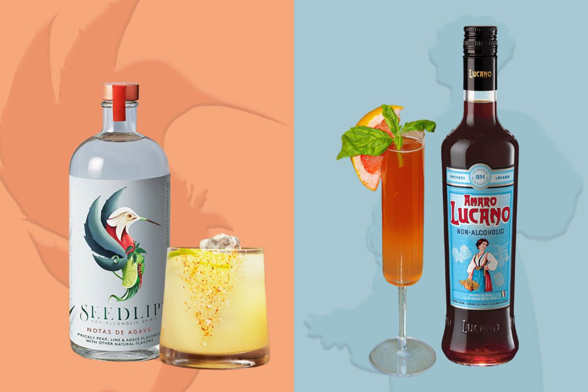 Two new non-alcoholic bottles and their respective cocktails, via Seedlip and Amaro Lucano