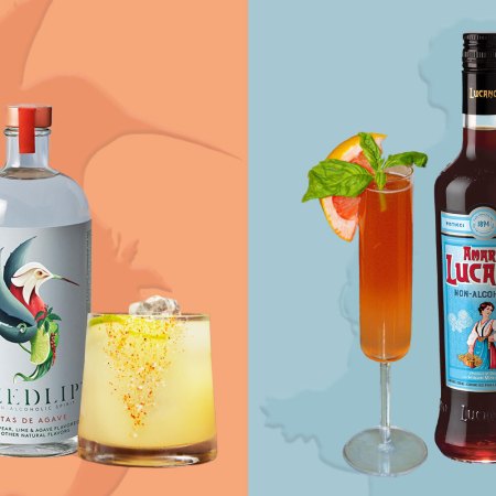 Two new non-alcoholic bottles and their respective cocktails, via Seedlip and Amaro Lucano