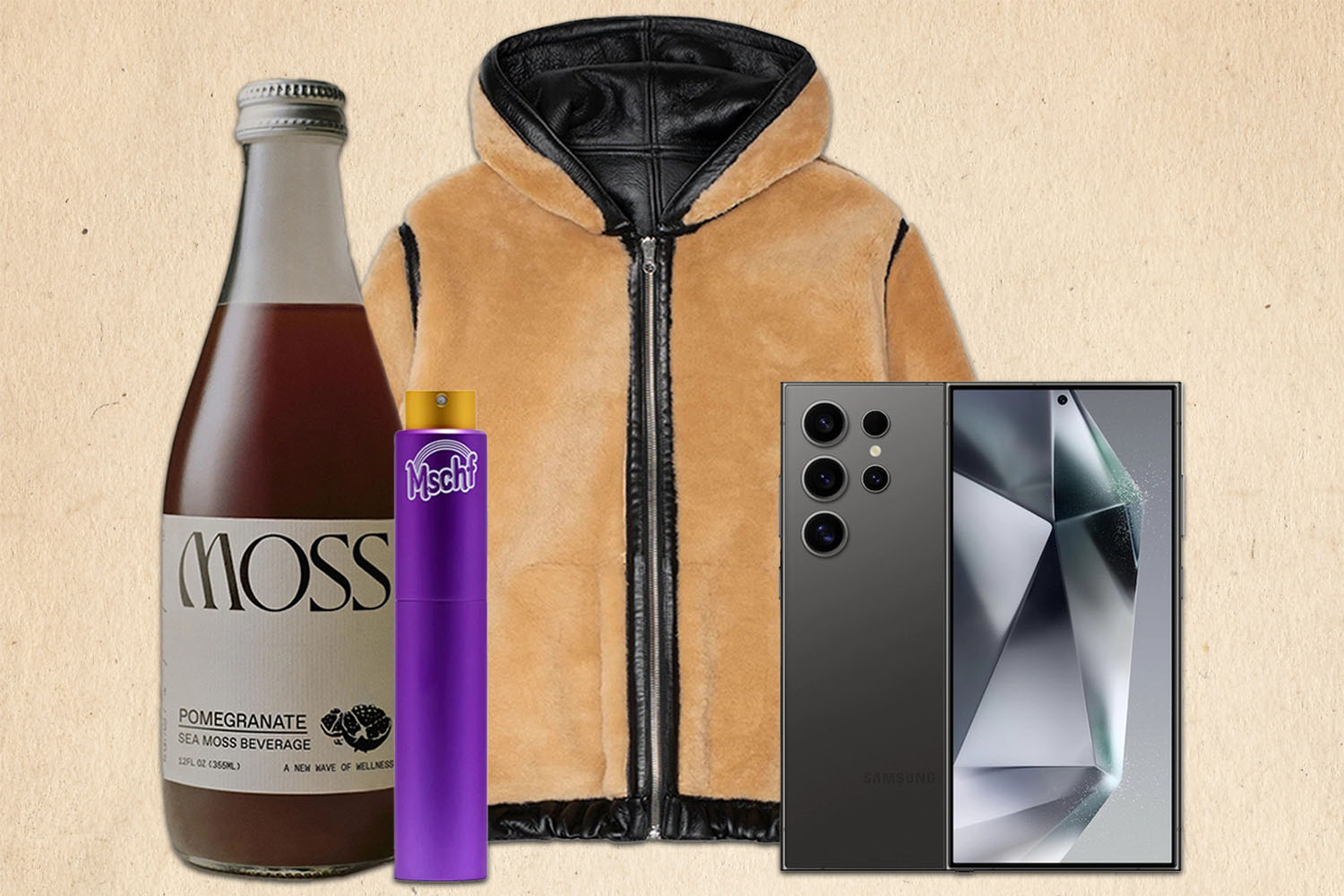 a collage of the products of the week on a tan background