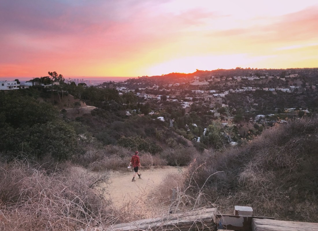 View of city and trails during sunset from Runyon Canyon Park