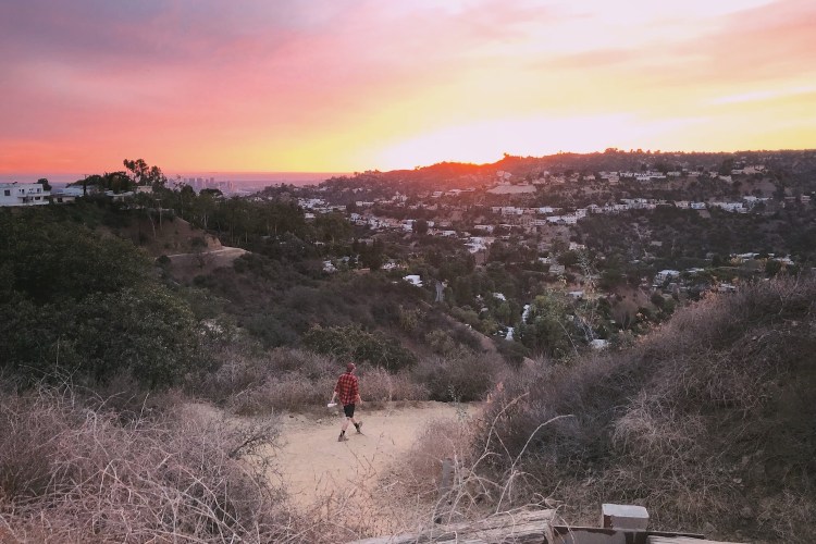 View of city and trails during sunset from Runyon Canyon Park