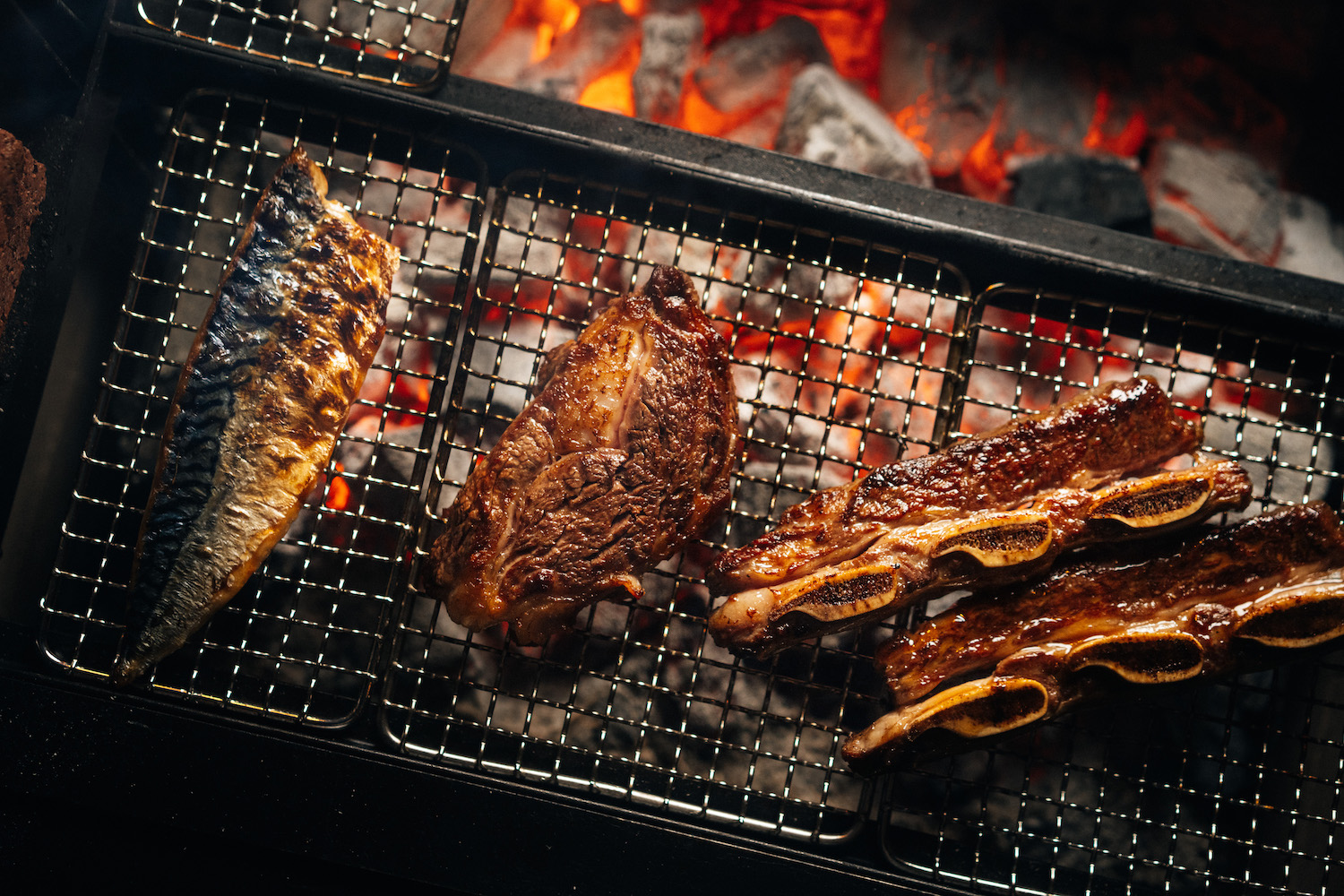 Pacific Mackerel Fillet, Prime Beef Rib Cap, House Double-Cut Galbi on the Grill
