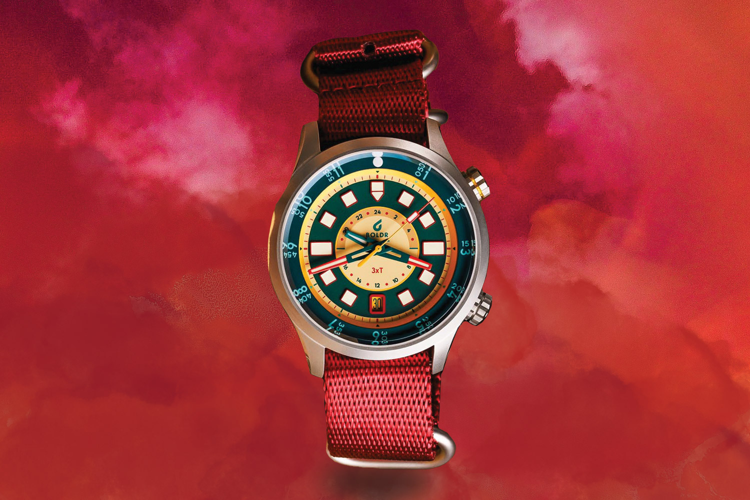 Red, yellow and green Boldr X Worn & Wound 3XT GMT Limited Edition
