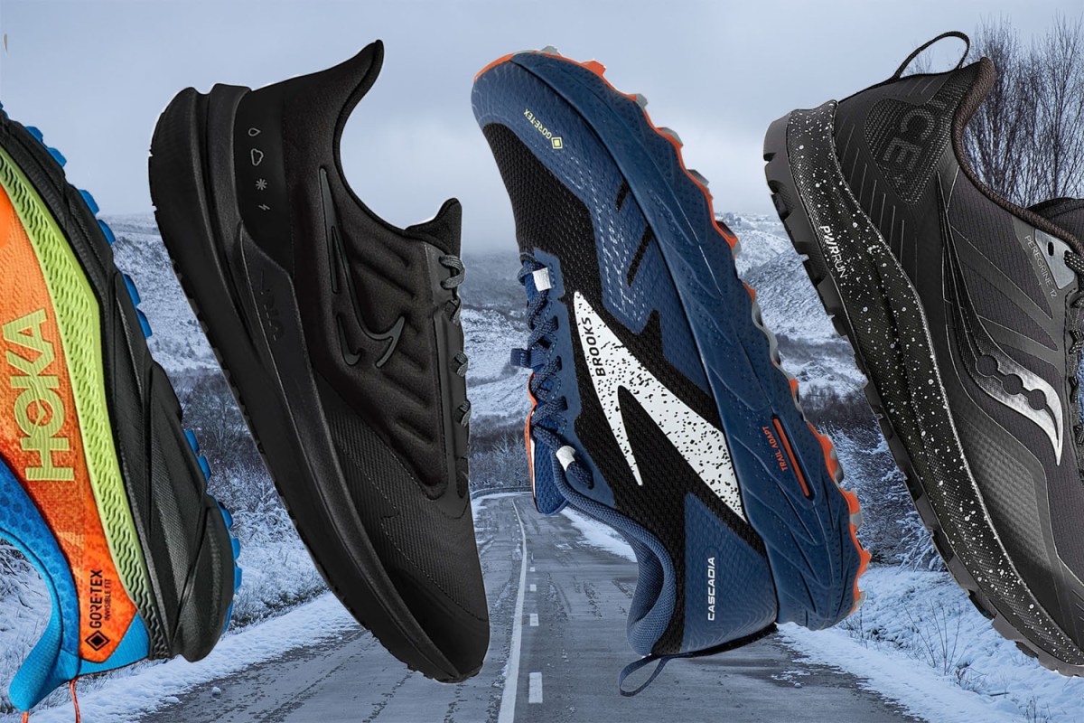 A collage of wet weather running shoes on a snowy road background