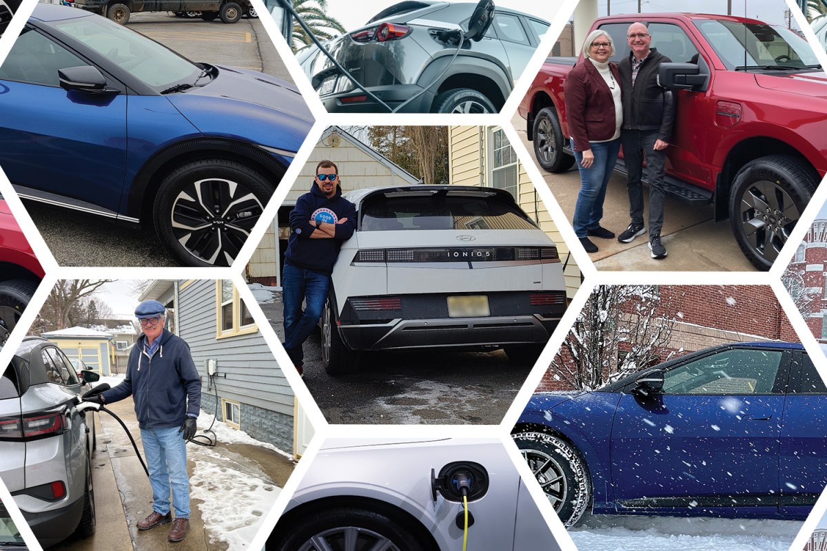 A collage of Americans who have recently purchased electric vehicles. We interviewed them to see if people in the U.S. are really falling out of love with EVs.