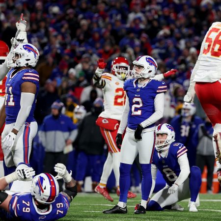 Tyler Bass reacts after missing a 44-yard field goal attempt.
