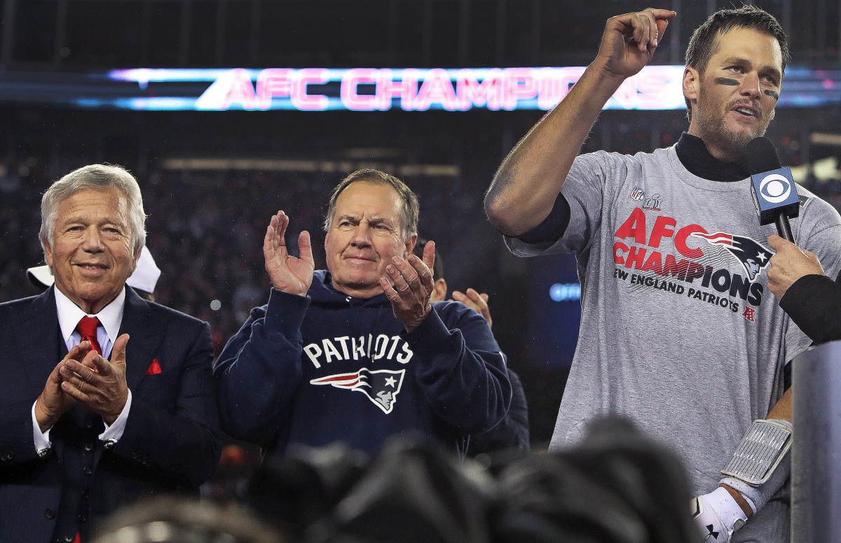 Patriots owner Robert Kraft with Bill Belichick, and Tom Brady in 2017.