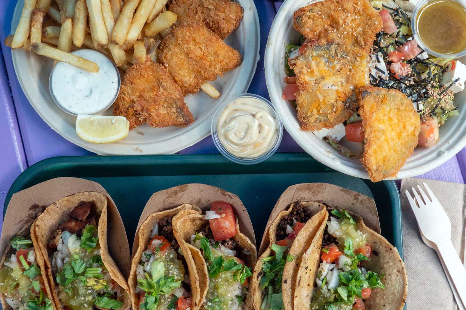 Fish & chips, tacos and salad from Nowadays in Ridgewood, Queens