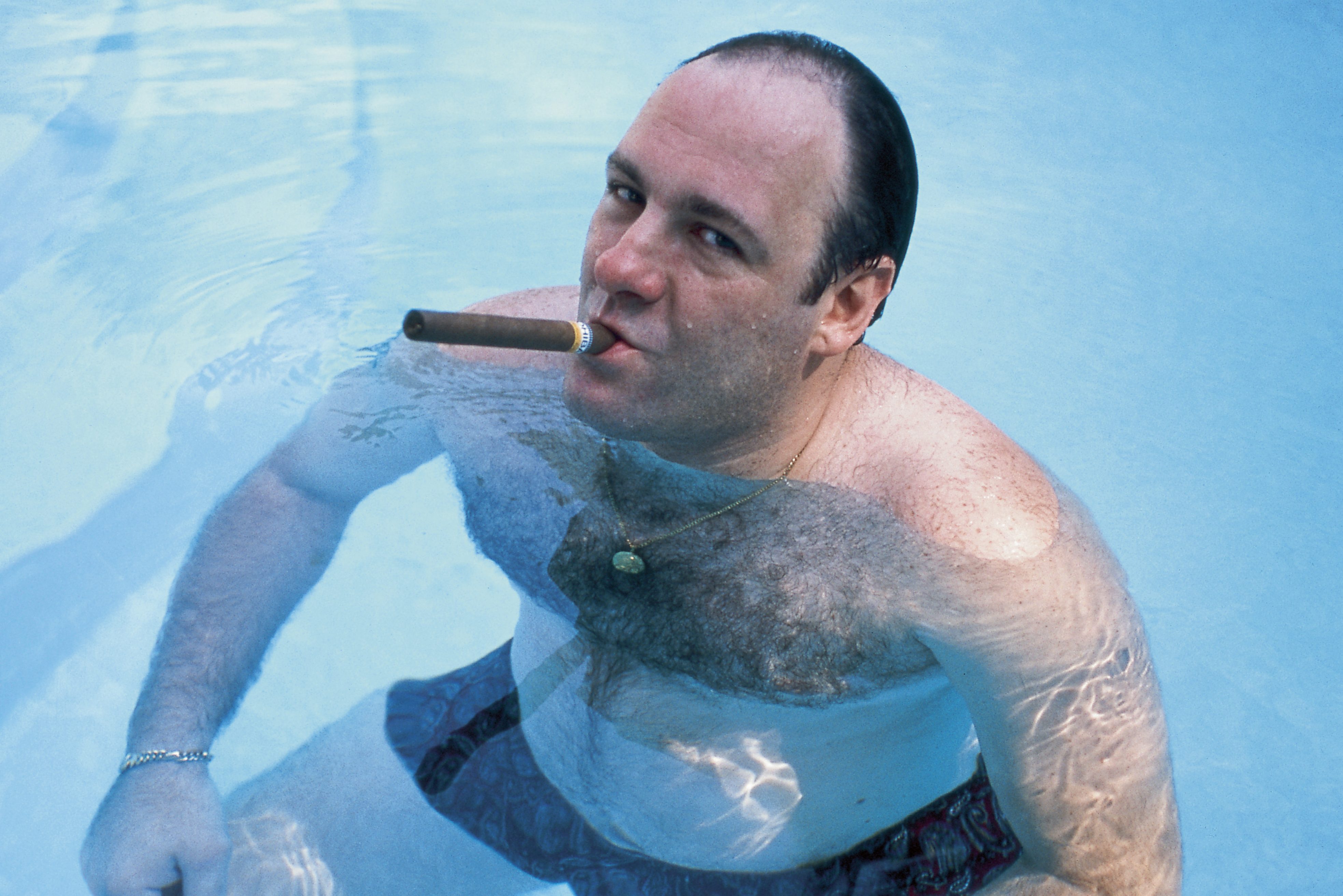 James Gandolfini, as Tony Soprano, smokes a cigar.