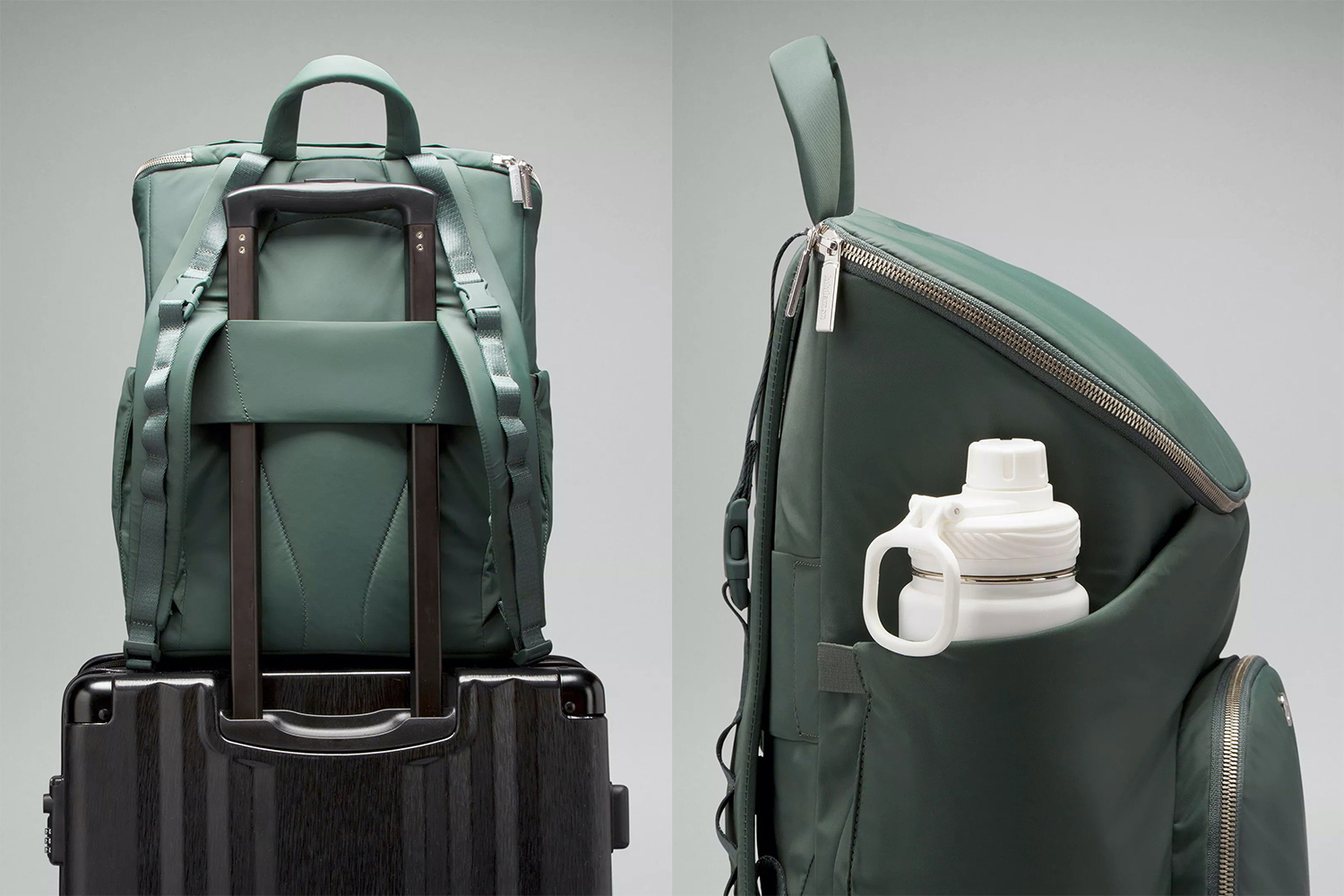 The Lululemon New Parent Backpack, shown with its pass-through strap for hooking to carry-on suitcases and its water bottle pouches on the sides