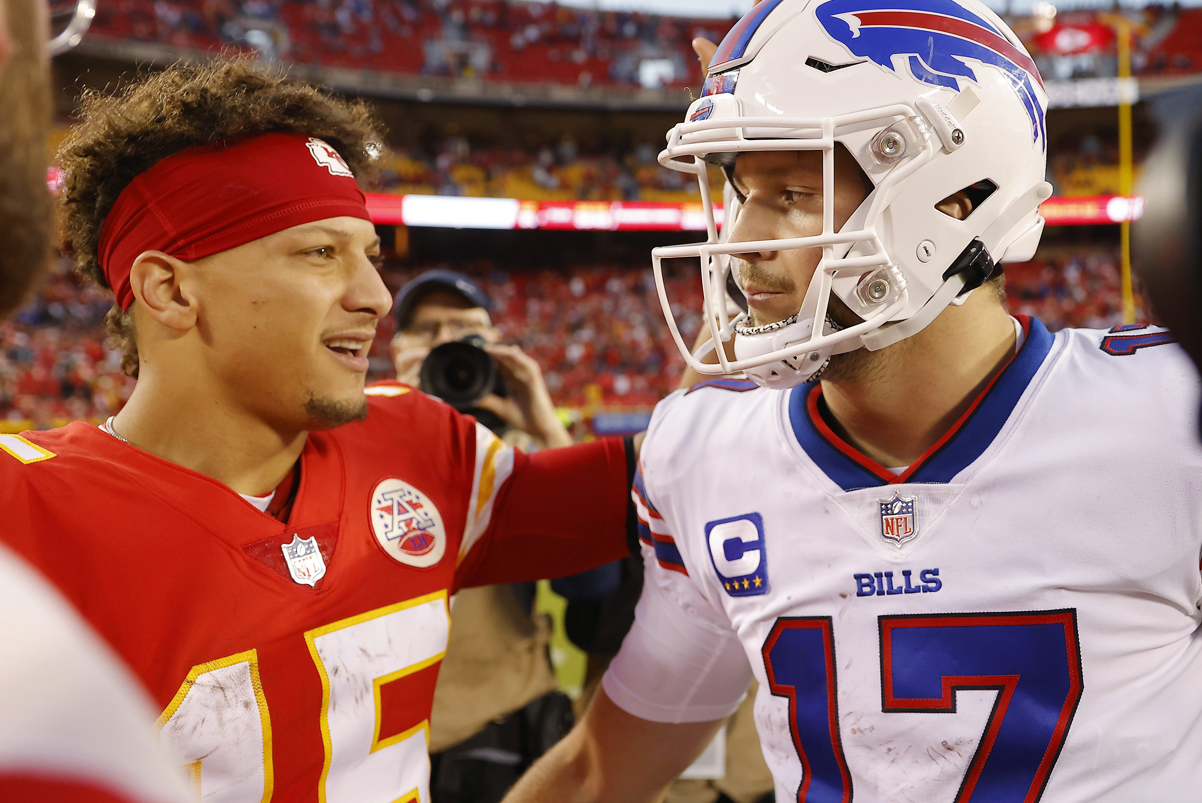 Patrick Mahomes shakes hands with Josh Allen.