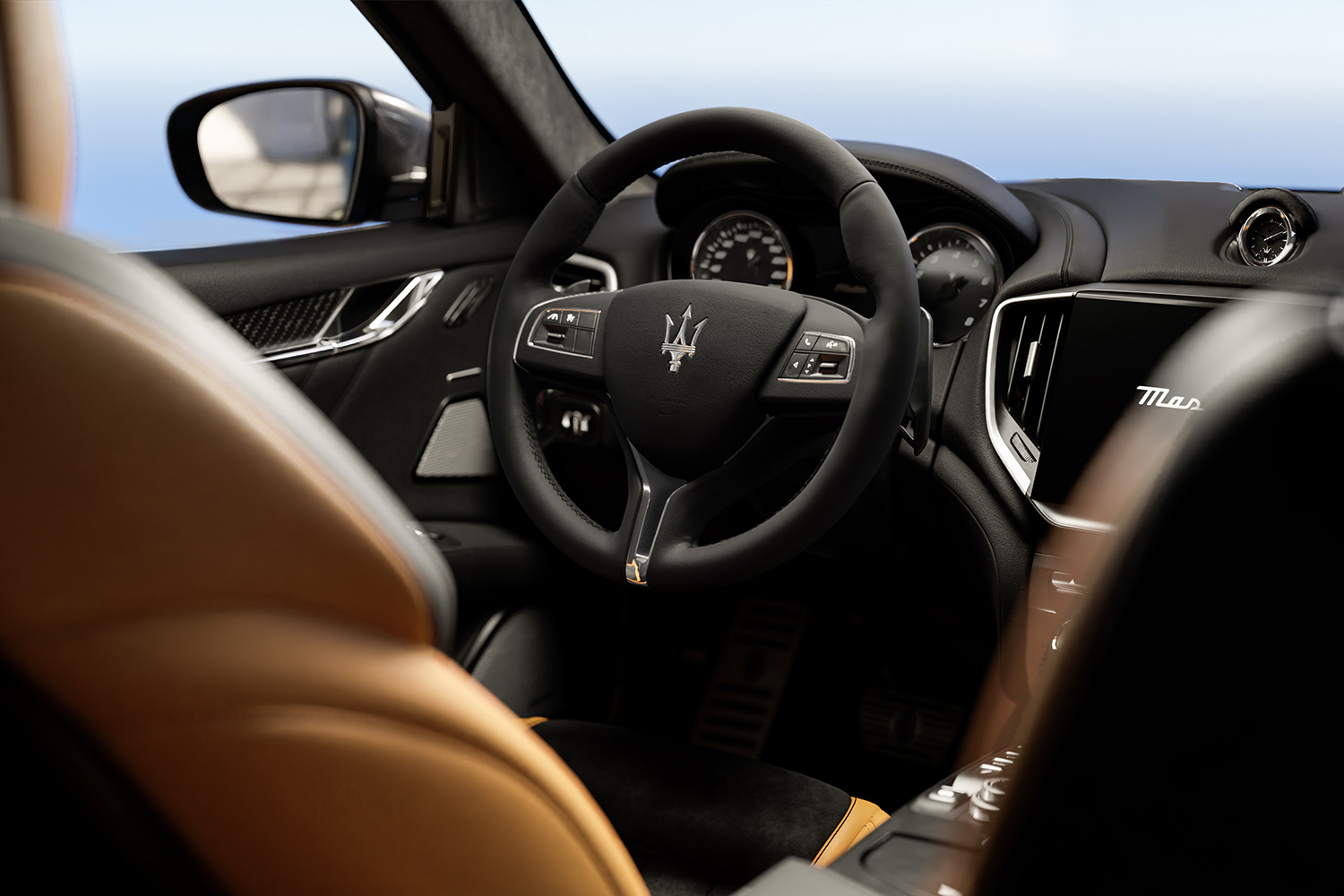 The steering wheel on a Maserati Ghibli