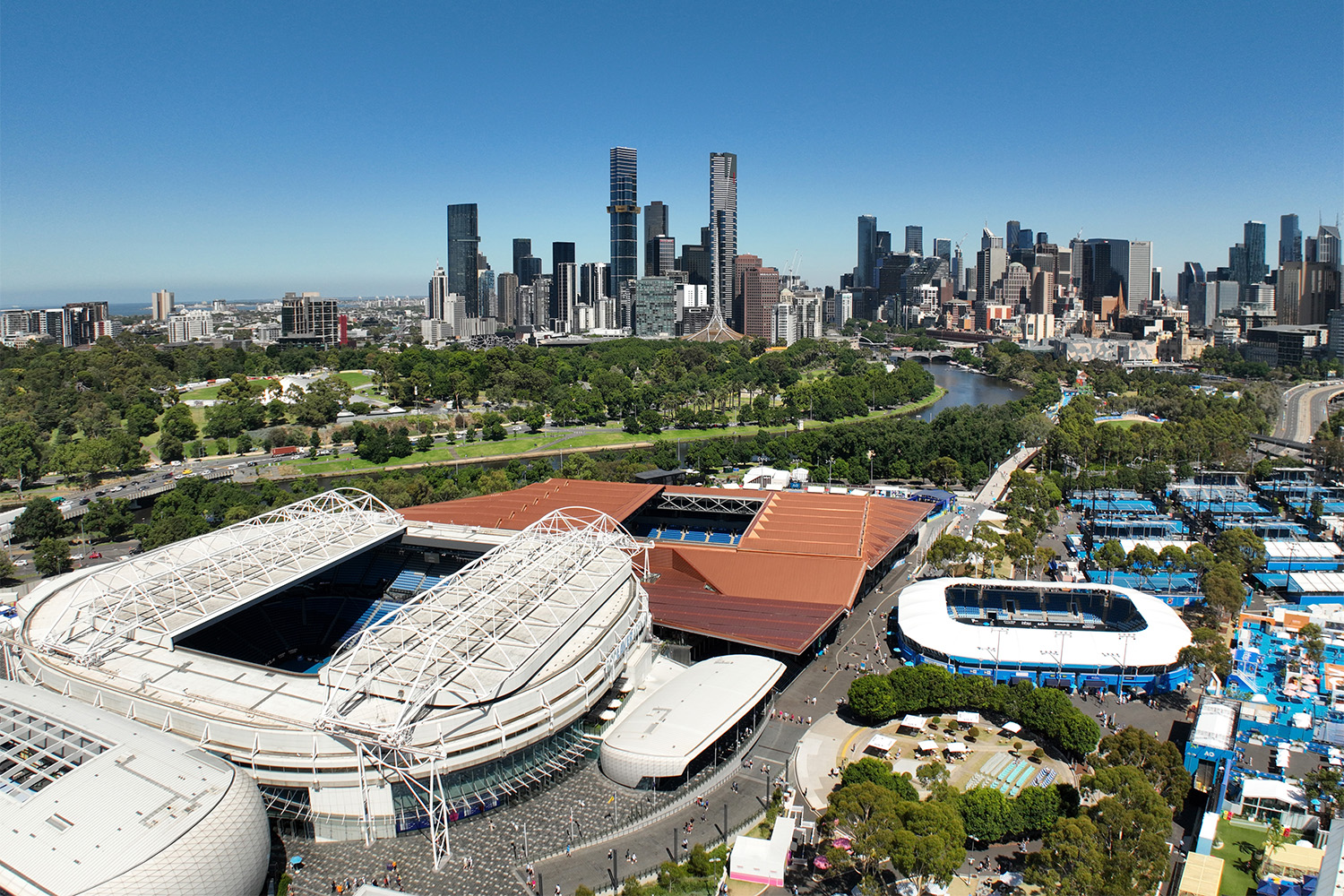 An overhead view of Melbourne Park, site of the Australian Open.