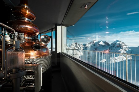 Orma distillery, the highest whisky distillery in the world, seen with its stills on top of Corvatsch Mountain in Switzerland