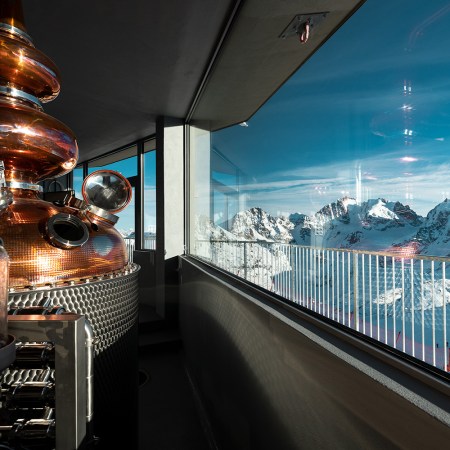 Orma distillery, the highest whisky distillery in the world, seen with its stills on top of Corvatsch Mountain in Switzerland