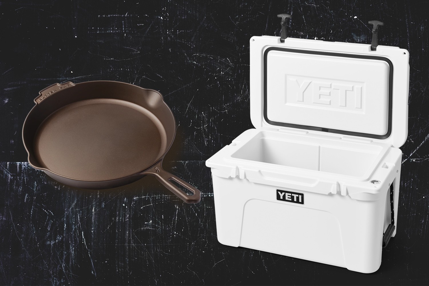 A Butter Pat skillet and Yeti Cooler. Yeti bought the cast iron company in January 2024.