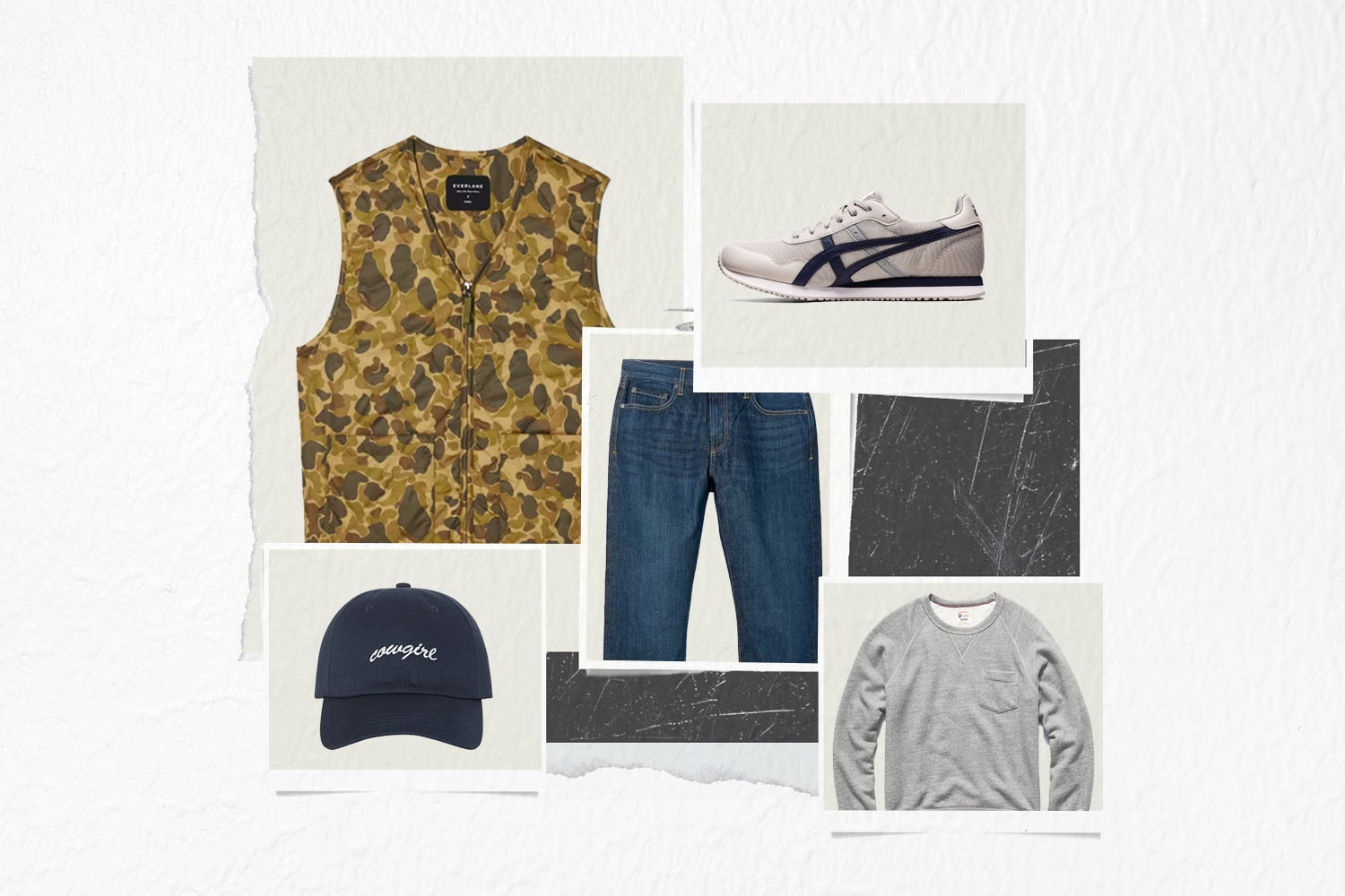 A collage of clothing on a white background