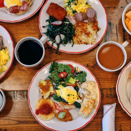 Bird's eye-view of brunch plates on a table