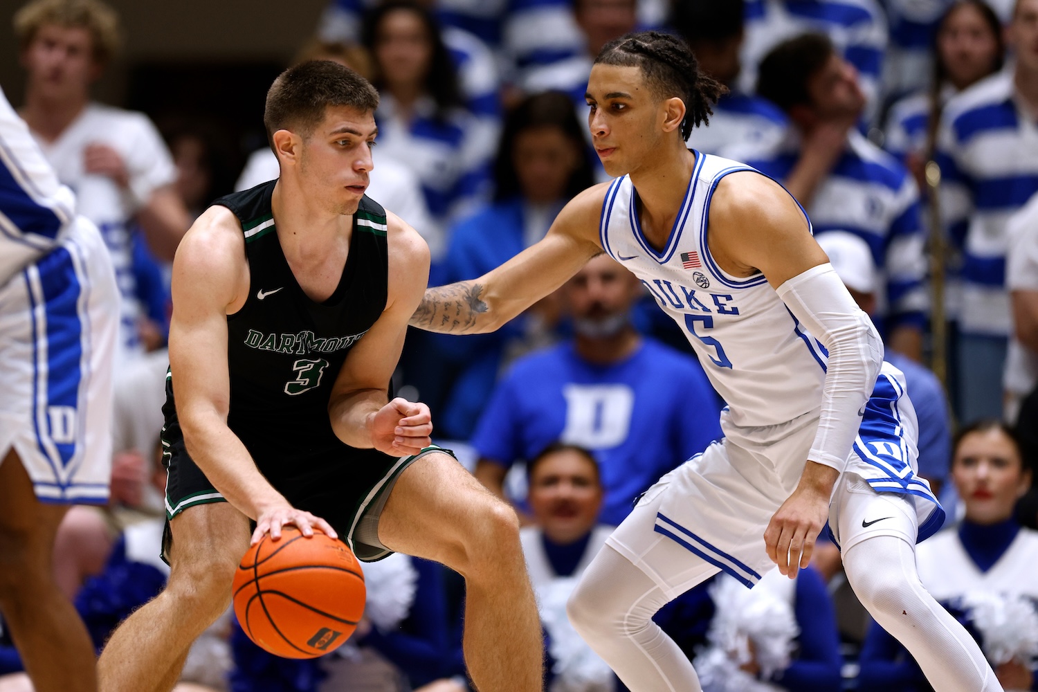 Dusan Neskovic #3 of the Dartmouth Big Green moves the ball against Tyrese Proctor #5 of the Duke Blue Devils at Cameron Indoor Stadium on November 6, 2023 in Durham, North Carolina.