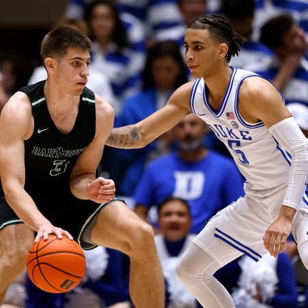 Dusan Neskovic #3 of the Dartmouth Big Green moves the ball against Tyrese Proctor #5 of the Duke Blue Devils at Cameron Indoor Stadium on November 6, 2023 in Durham, North Carolina.
