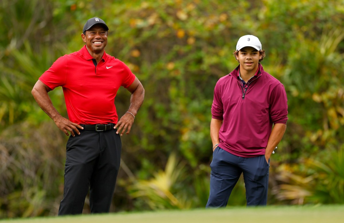 ORLANDO, FLORIDA - DECEMBER 17: Tiger Woods and Charlie Woods of the United States during the final round of the PNC Championship at The Ritz-Carlton Golf Club on December 17, 2023 in Orlando, Florida. (Photo by Mike Ehrmann/Getty Images)
