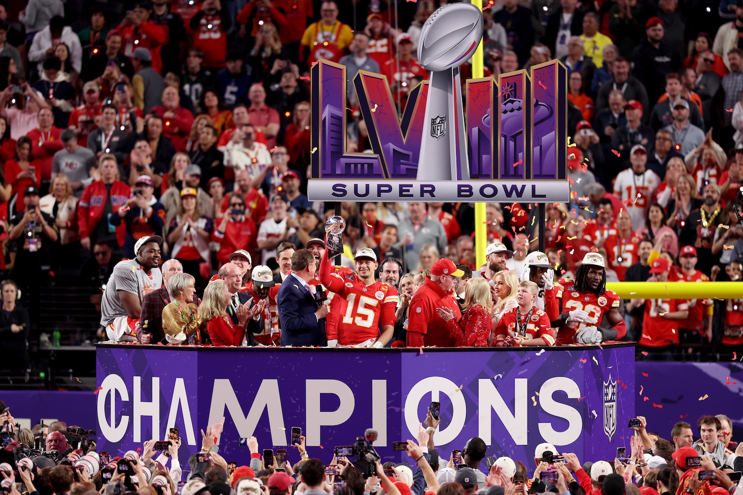 LAS VEGAS, NEVADA - FEBRUARY 11: Patrick Mahomes #15 of the Kansas City Chiefs holds the Lombardi Trophy after defeating the San Francisco 49ers 25-22 in overtime during Super Bowl LVIII at Allegiant Stadium on February 11, 2024 in Las Vegas, Nevada. (Photo by Steph Chambers/Getty Images)