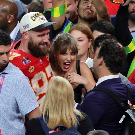 LAS VEGAS, NEVADA - FEBRUARY 11: Travis Kelce #87 of the Kansas City Chiefs celebrates with Taylor Swift after defeating the San Francisco 49ers 25-22 in overtime during Super Bowl LVIII at Allegiant Stadium on February 11, 2024 in Las Vegas, Nevada. (Photo by Ethan Miller/Getty Images)