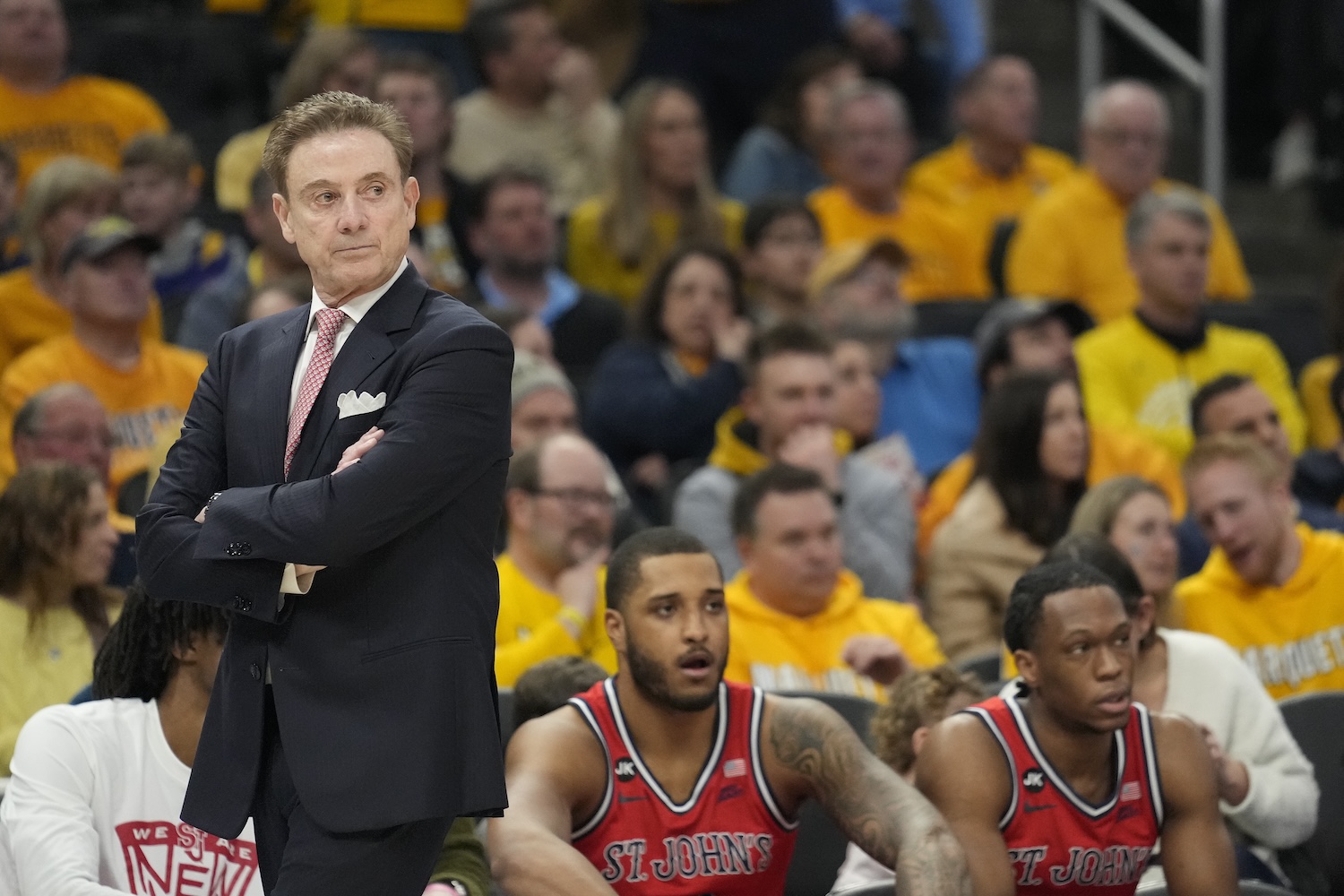 MILWAUKEE, WISCONSIN - FEBRUARY 10: Head coach Rick Pitino of the St. John's Red Storm reacts during the first half against the Marquette Golden Eagles at Fiserv Forum on February 10, 2024 in Milwaukee, Wisconsin. (Photo by Patrick McDermott/Getty Images)