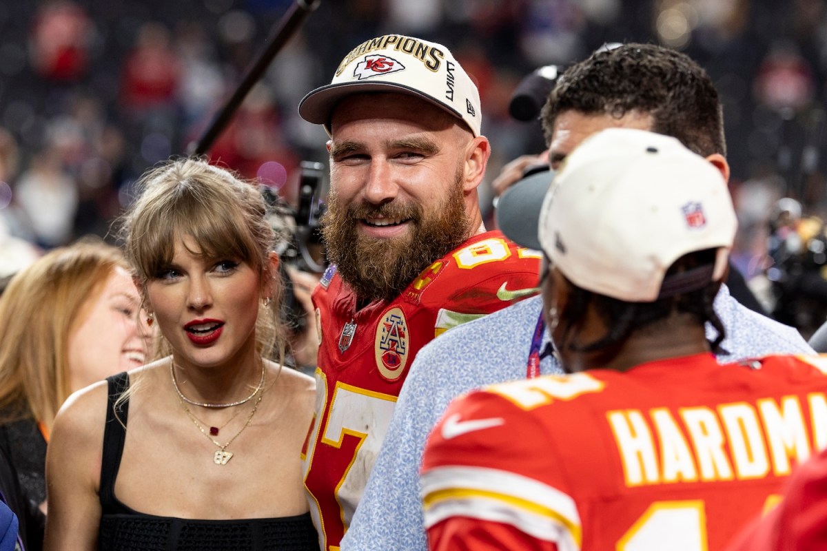 Taylor Swift and Travis Kelce after the NFL Super Bowl 58 football game between the San Francisco 49ers and the Kansas City Chiefs, Sunday, Feb. 11, 2024, in Las Vegas. (Michael Owens via AP)