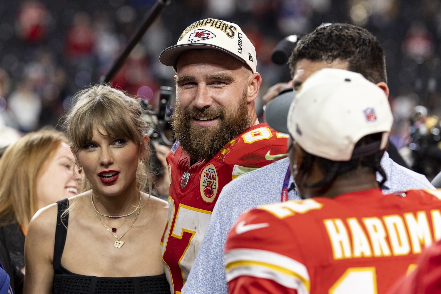 Taylor Swift and Travis Kelce after the NFL Super Bowl 58 football game between the San Francisco 49ers and the Kansas City Chiefs, Sunday, Feb. 11, 2024, in Las Vegas. (Michael Owens via AP)