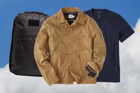 a collage of huckberry items on a sky background