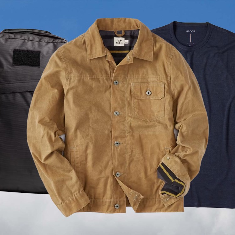 a collage of huckberry items on a sky background