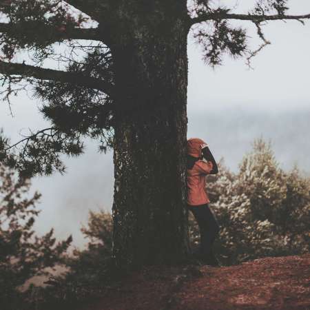 person in raincoat leaning against a tree in fog