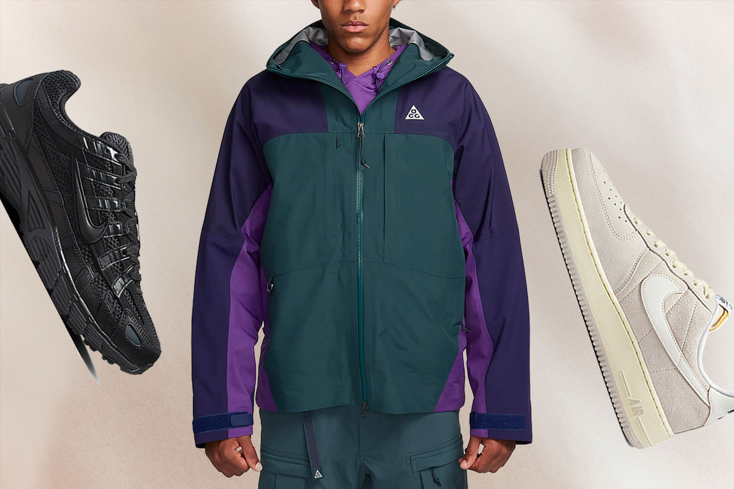 A collage of Nike items on a tan background.