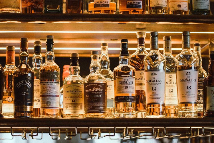 The 4th-floor​ bar at the Conduit in London, showcasing a lot of Scotch. The market for Scotch declined slightly in 2023.